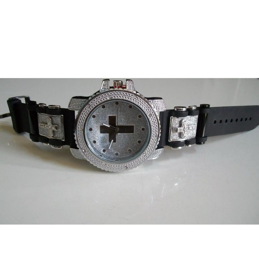MEN'S BLACK & SILVER FINISH GLITTER CROSS SILICONE BAND HIP HOP WATCH